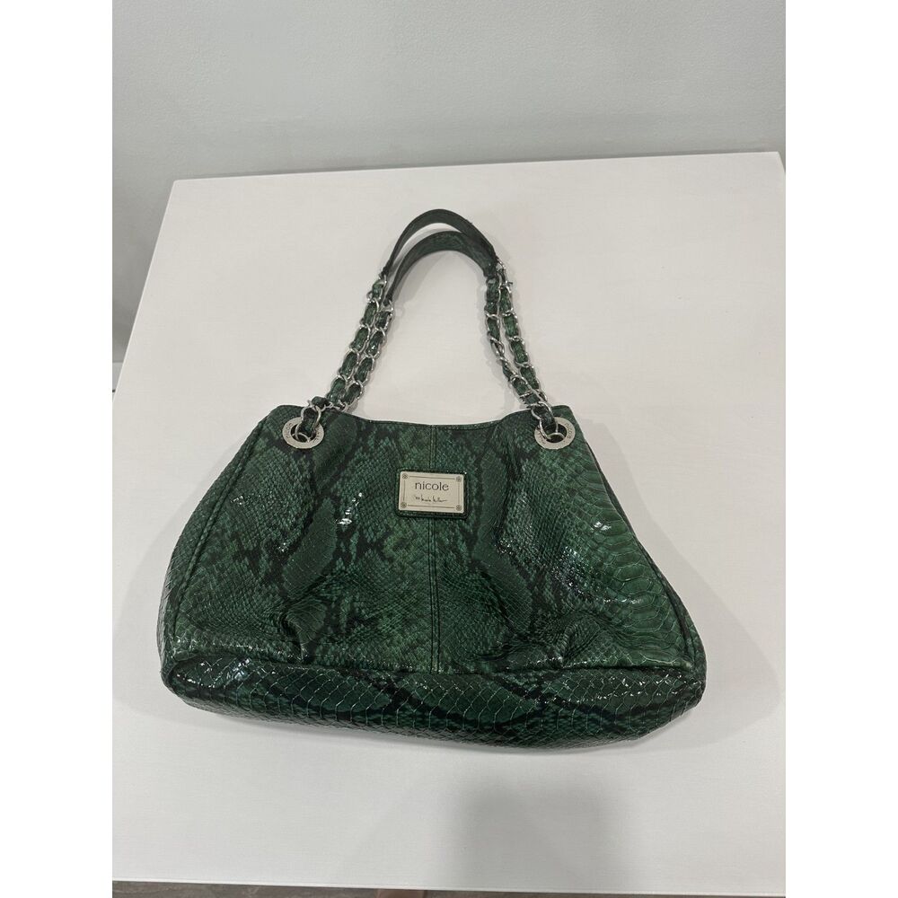 Nicole by Nicole Miller Green Faux Snakeskin Hobo Shoulder Bag Chain Purse